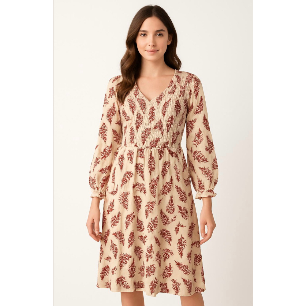 Women's Polagram Long Sleeve Dress Lg Beige Red Leaf Print Cottagecore Feminine